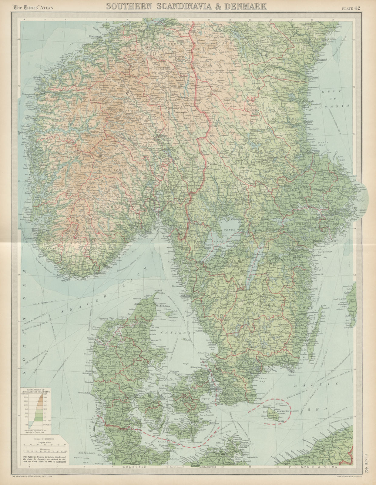 Southern Scandinavia & Denmark. Norway Sweden. THE TIMES 1922 old antique map